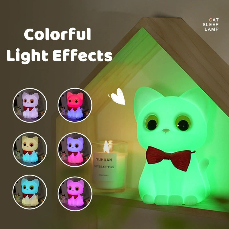 Huggwaii Squishy Silicone Bowtie Cat LED Night Light - Perfect Gift for Kids and Girls