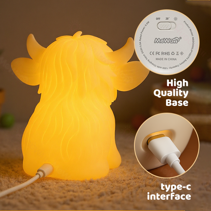 Huggwaii Highland Cow Silicone Squishy LED Night Light - Perfect Gift for Kids and Girls