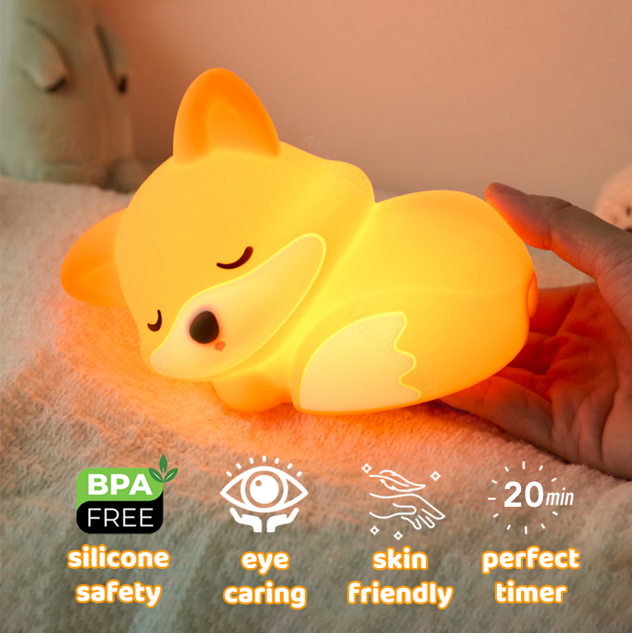 Huggwaii Fox Night Light with Curled Tail Silicone Squishy Animal Design Lamp Perfect Gift