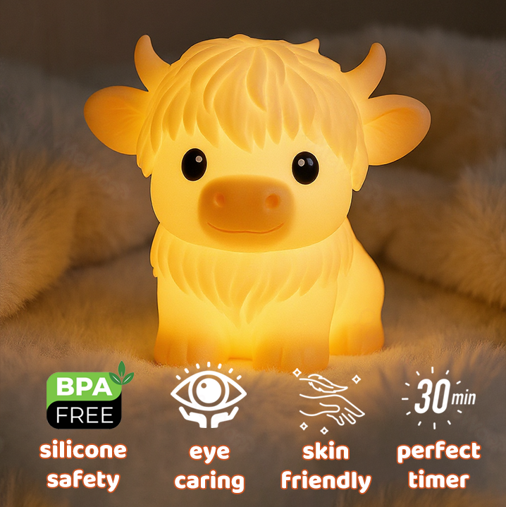 Huggwaii Highland Cow Silicone Squishy LED Night Light - Perfect Gift for Kids and Girls