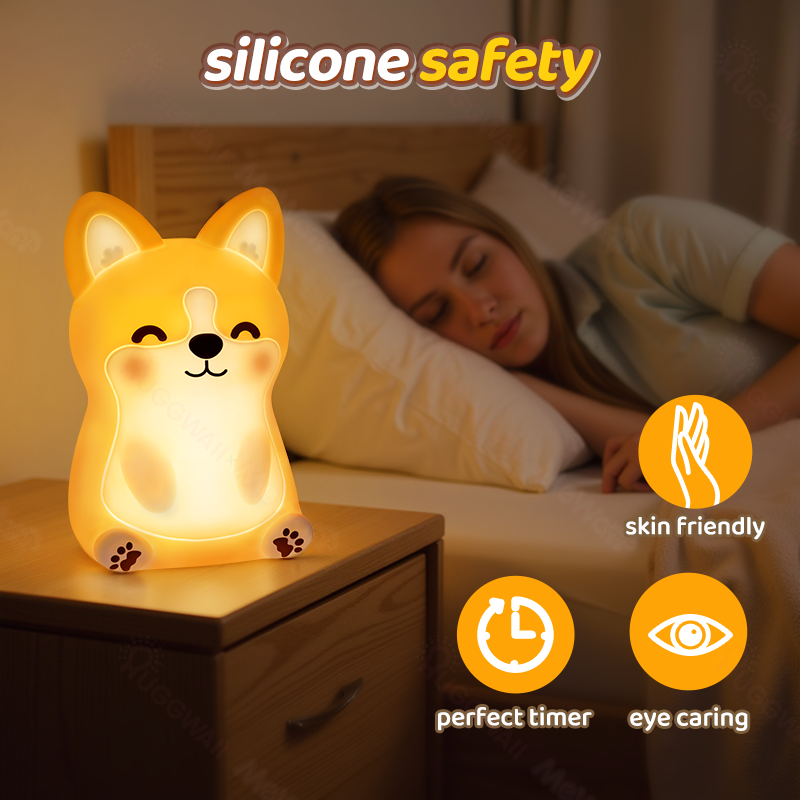 Huggwaii Corgi Puppy Adorable Squishy Silicone  LED Night Light - Perfect Gift for Kids and Girls