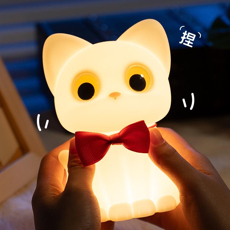 Huggwaii Squishy Silicone Bowtie Cat LED Night Light - Perfect Gift for Kids and Girls