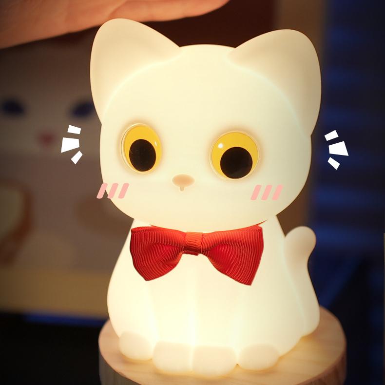 Huggwaii Squishy Silicone Bowtie Cat LED Night Light - Perfect Gift for Kids and Girls