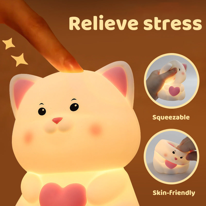 Blushing White Cat with Heart Silicone Squishy Night Light Perfect Gift