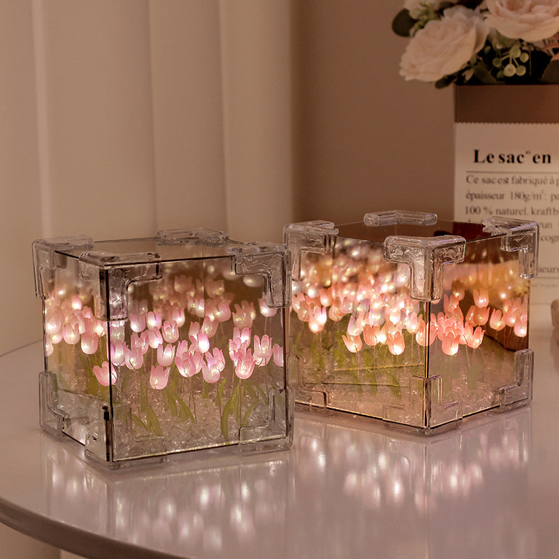 Handcrafted DIY Tulips Mirror LED Night Light For Gift USB plug Plug-In Tulips Lamp