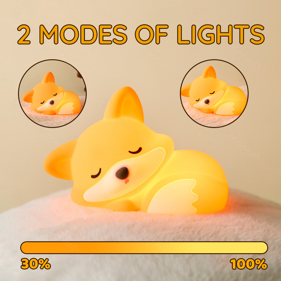 Huggwaii Fox Night Light with Curled Tail Silicone Squishy Animal Design Lamp Perfect Gift